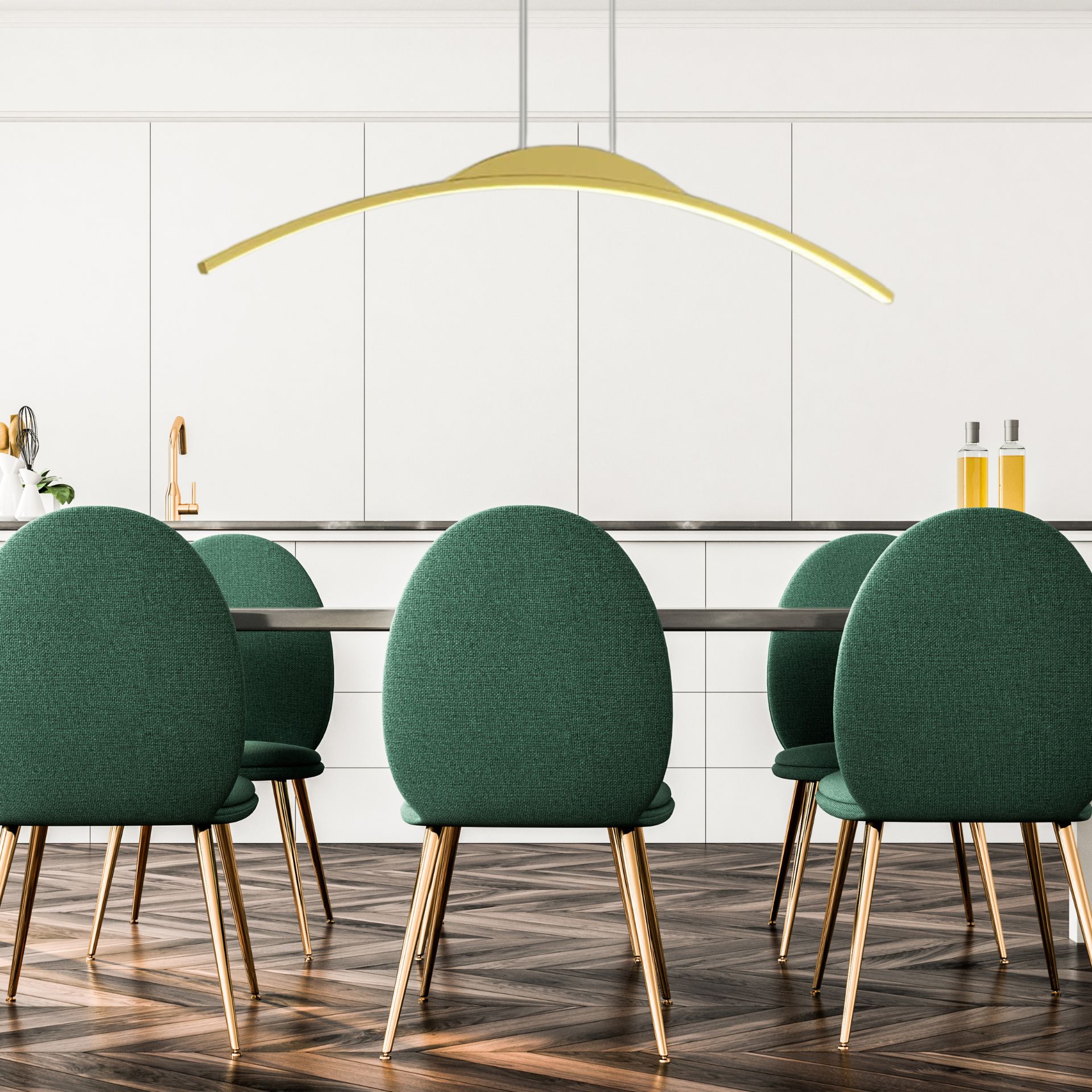 Suspension-Moderne-Mia-Design-LED doré salon avec chaise verte