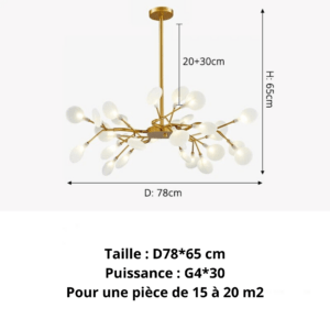 Suspension metal branches fleuries Rania 10 v30 tetes dorée