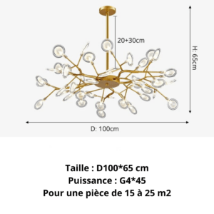 Suspension metal branches fleuries Rania 7v45 tetes dorée