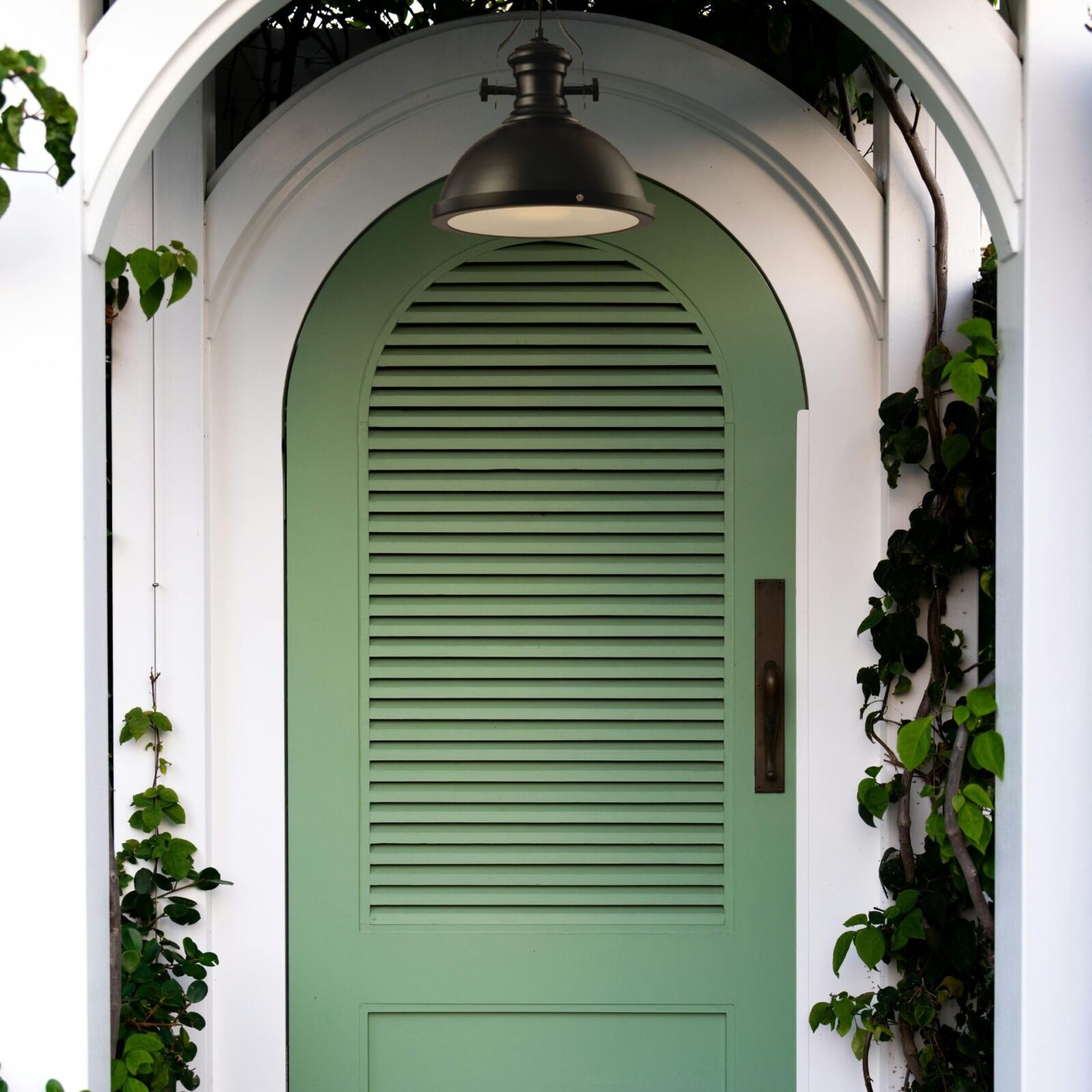 luminaire suspension exterieur design pour entrée avec porte verte