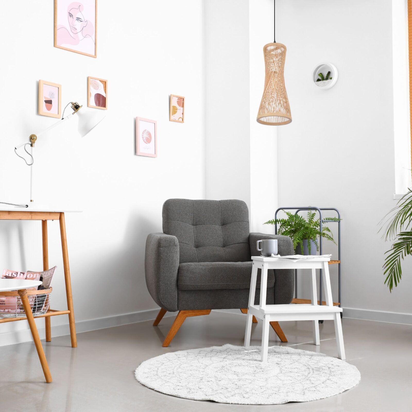 Suspension bambou tresseÌ dans chambre avec fauteuil
