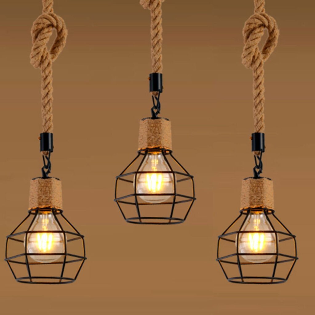 Suspension bois flotté et corde 3 lampes