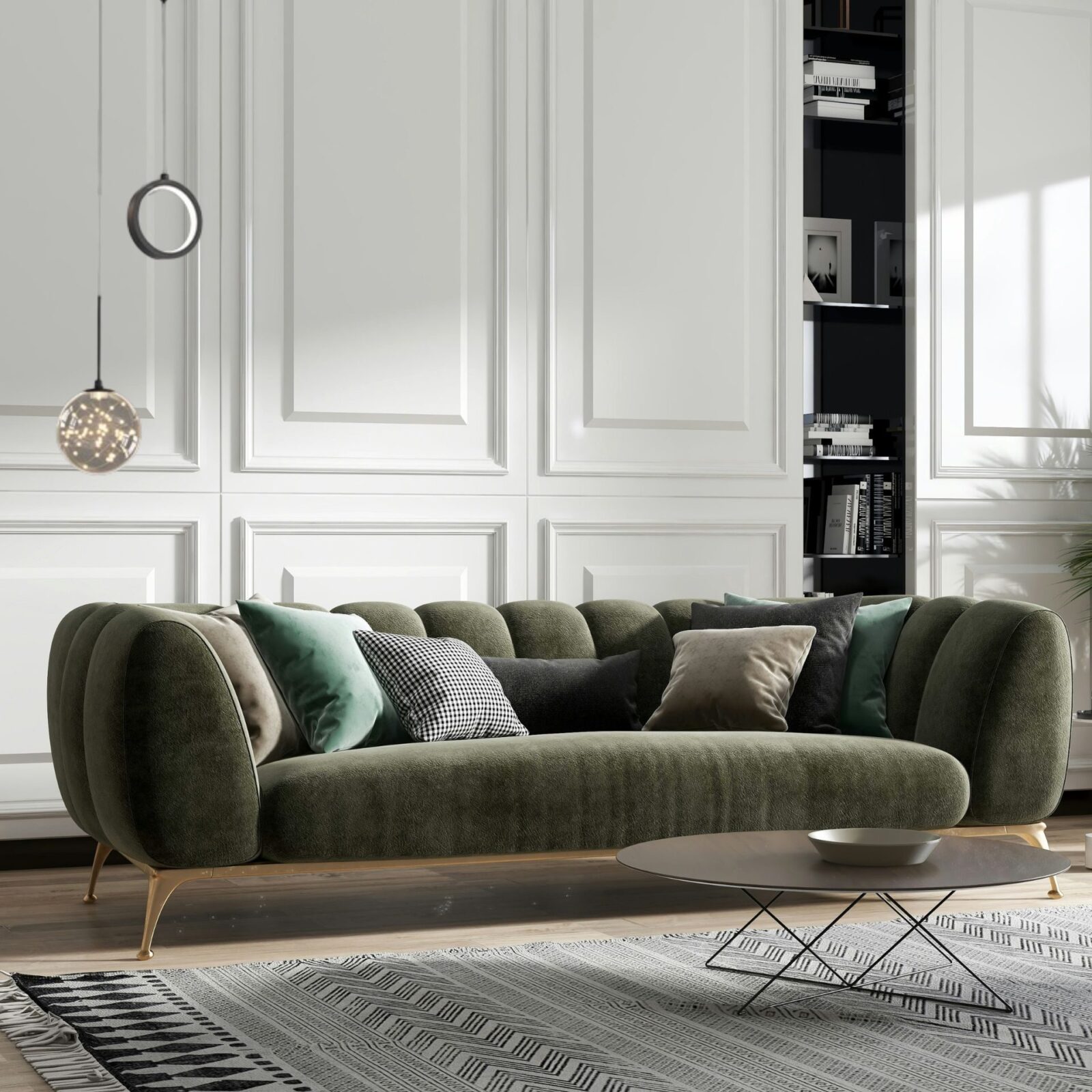 Suspension boule de cristal dans salon vert