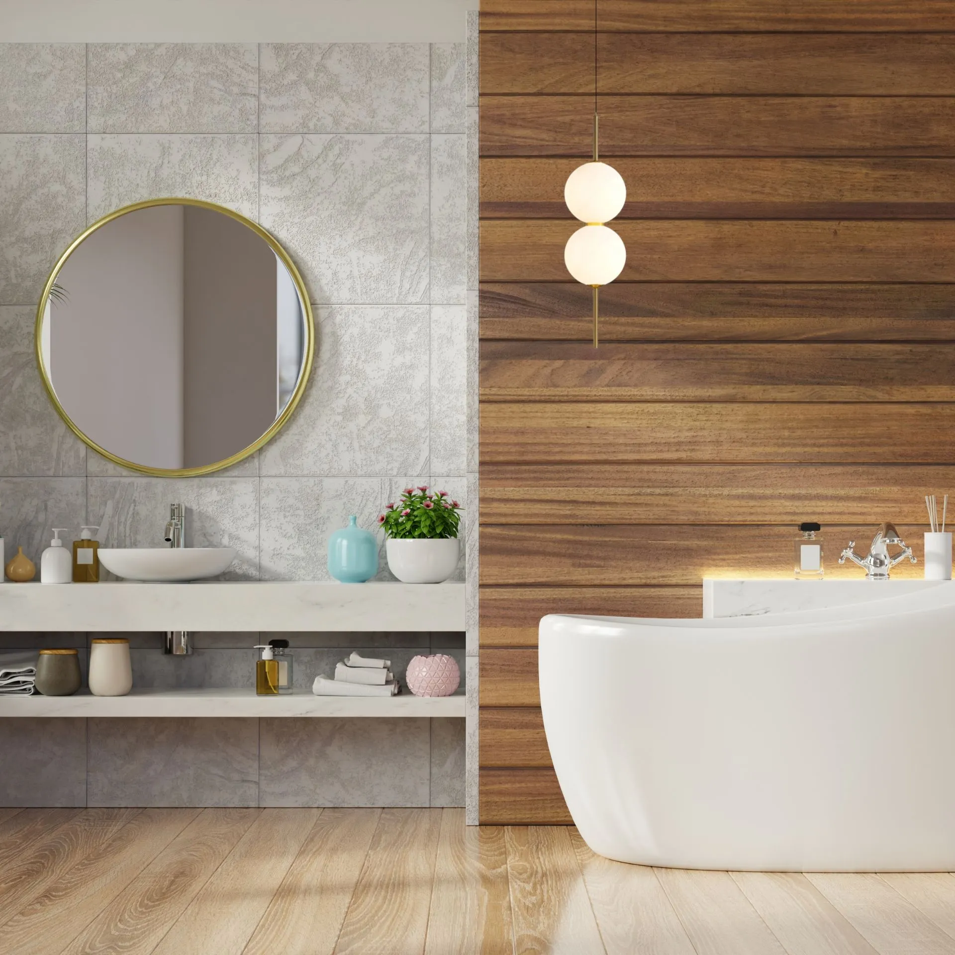 suspension boule en verre dans salle de bain