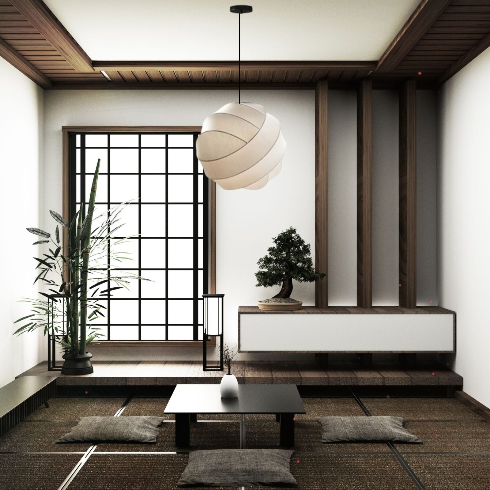 Suspension boule papier japonais dans salon japonais