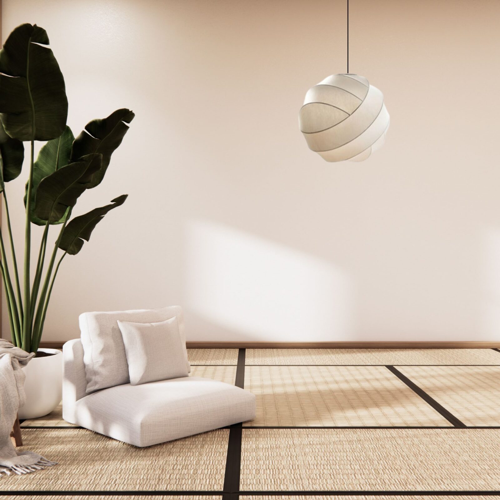 Suspension boule papier japonais dans salon minimaliste japonais