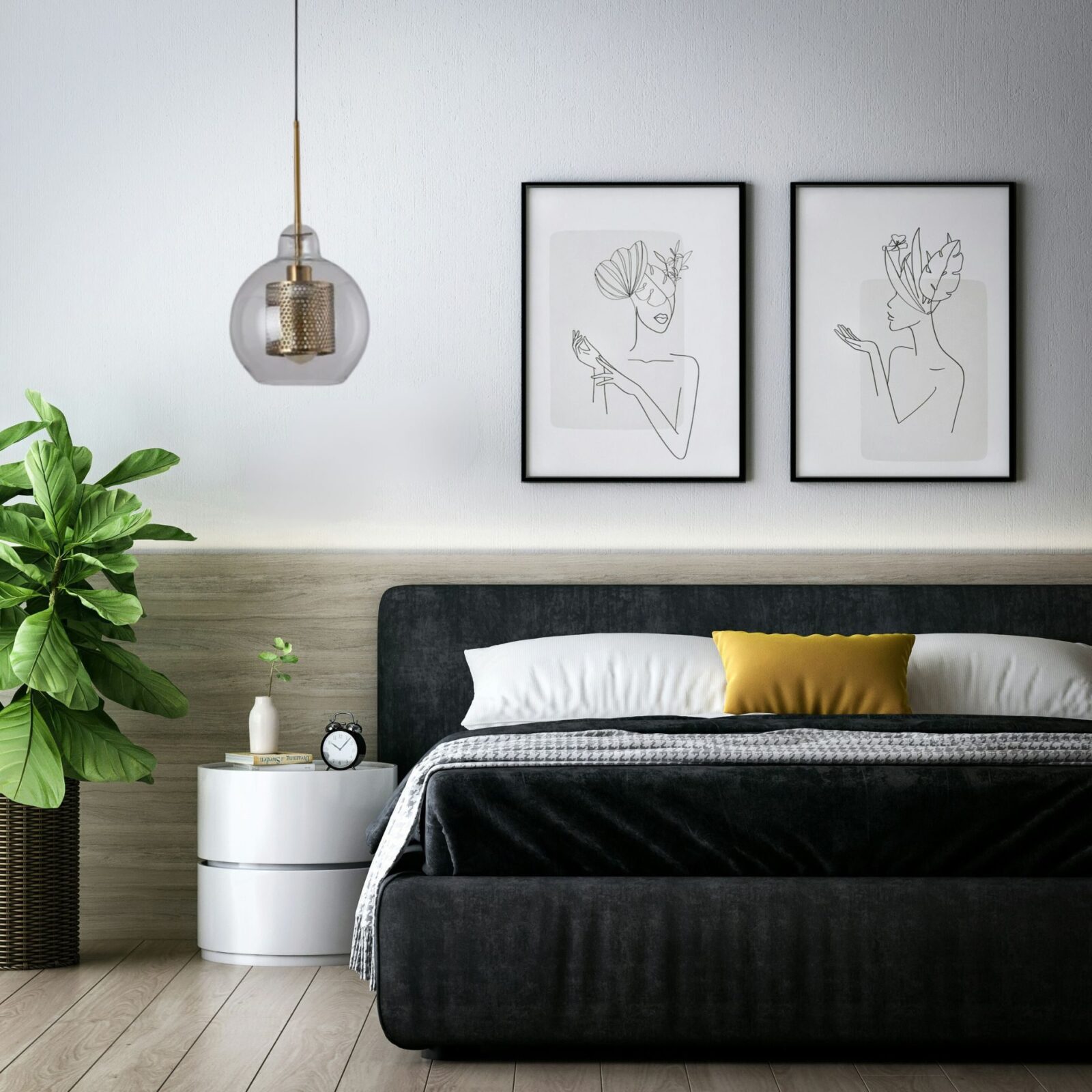 Suspension boule verre et meÌtal dans chambre avec lit 2 personnes