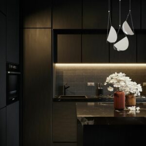 Suspension cannage oiseau dans cuisine moderne