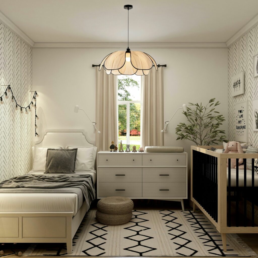 Suspension cannage pétale dans chambre enfant blanche