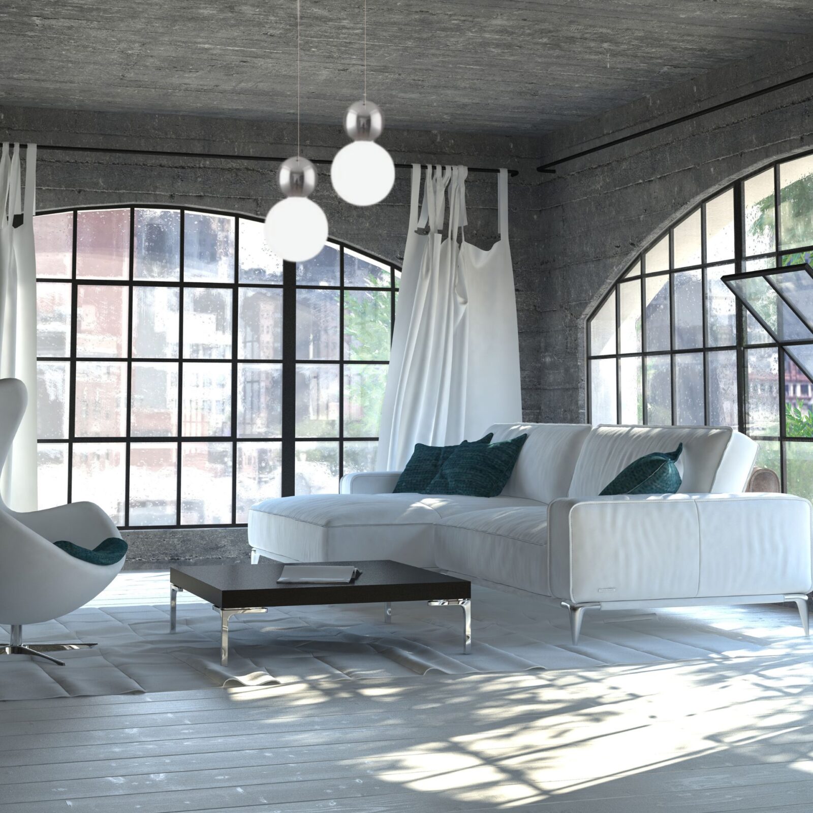 Suspension de boules dans grand salon blanc
