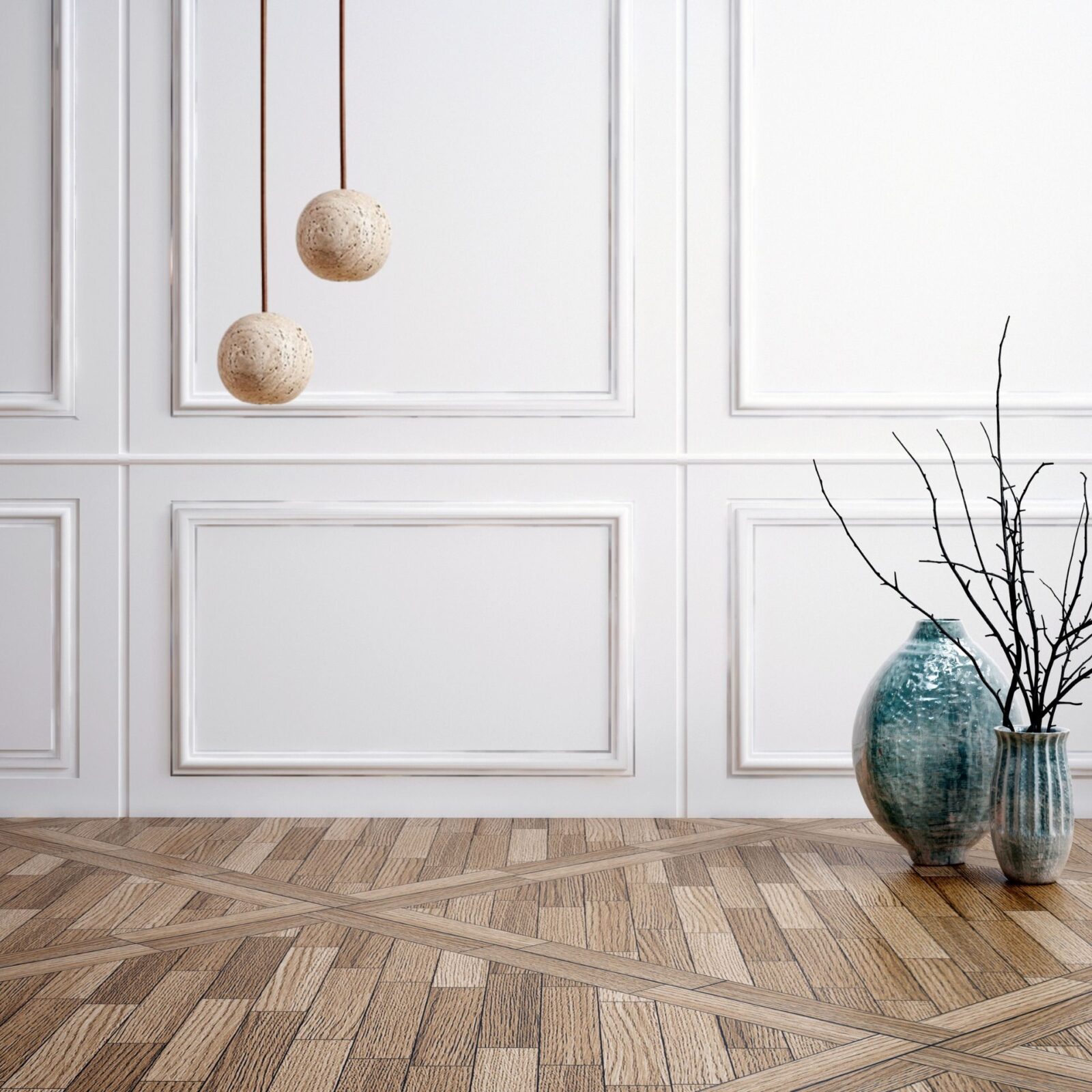 Suspension design boule dans salle blanche