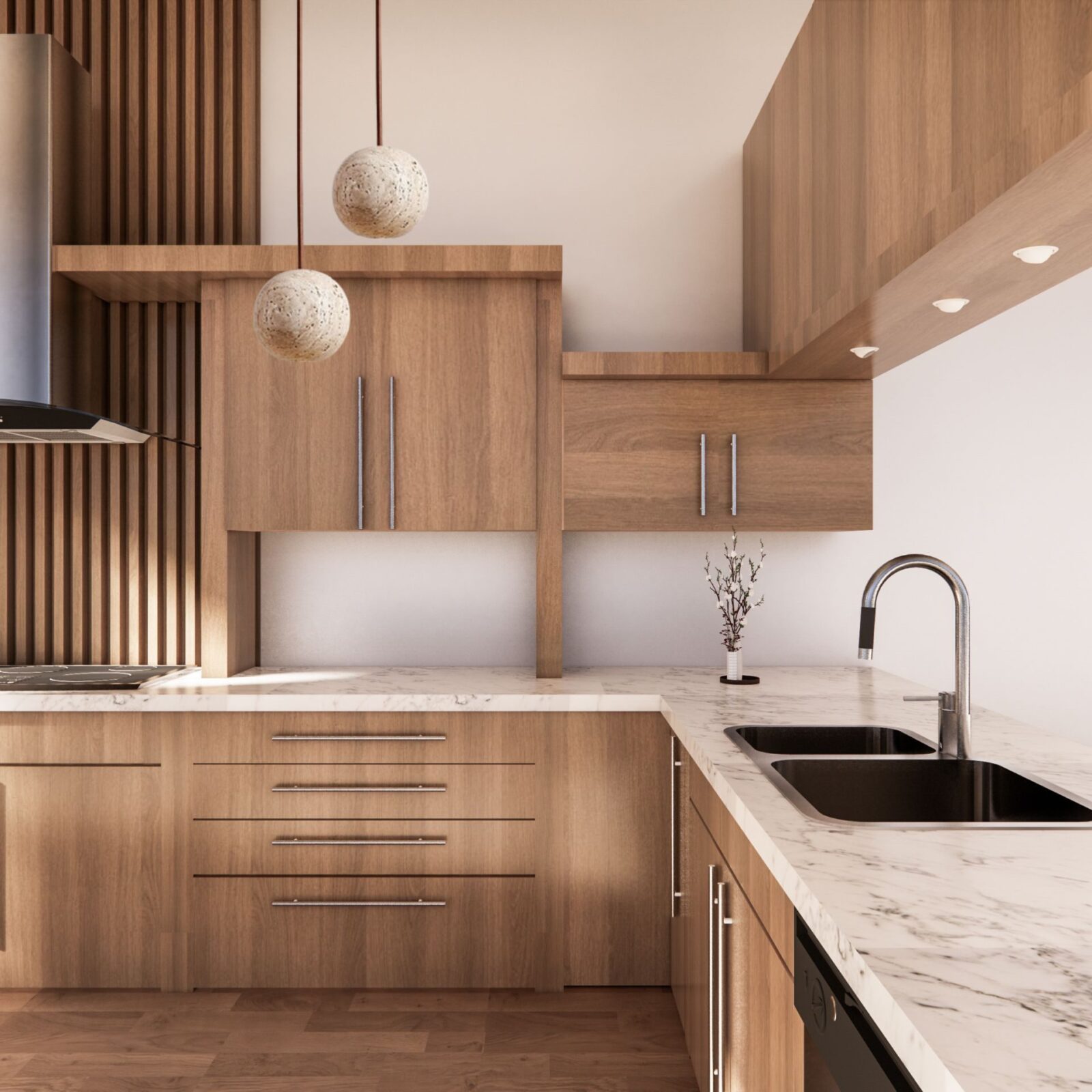 Suspension design boule dans cuisine en bois