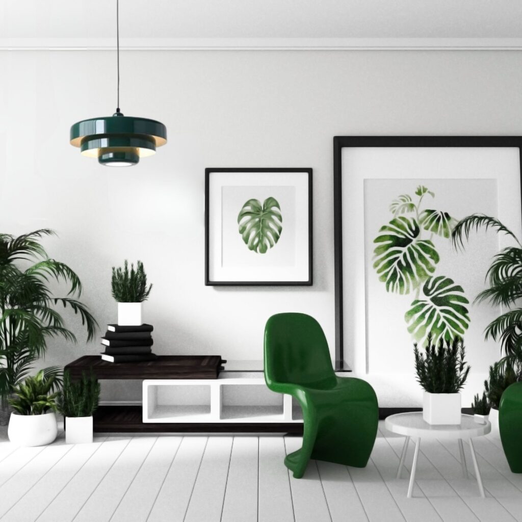 Suspension en Acier dans un salon clair et vert