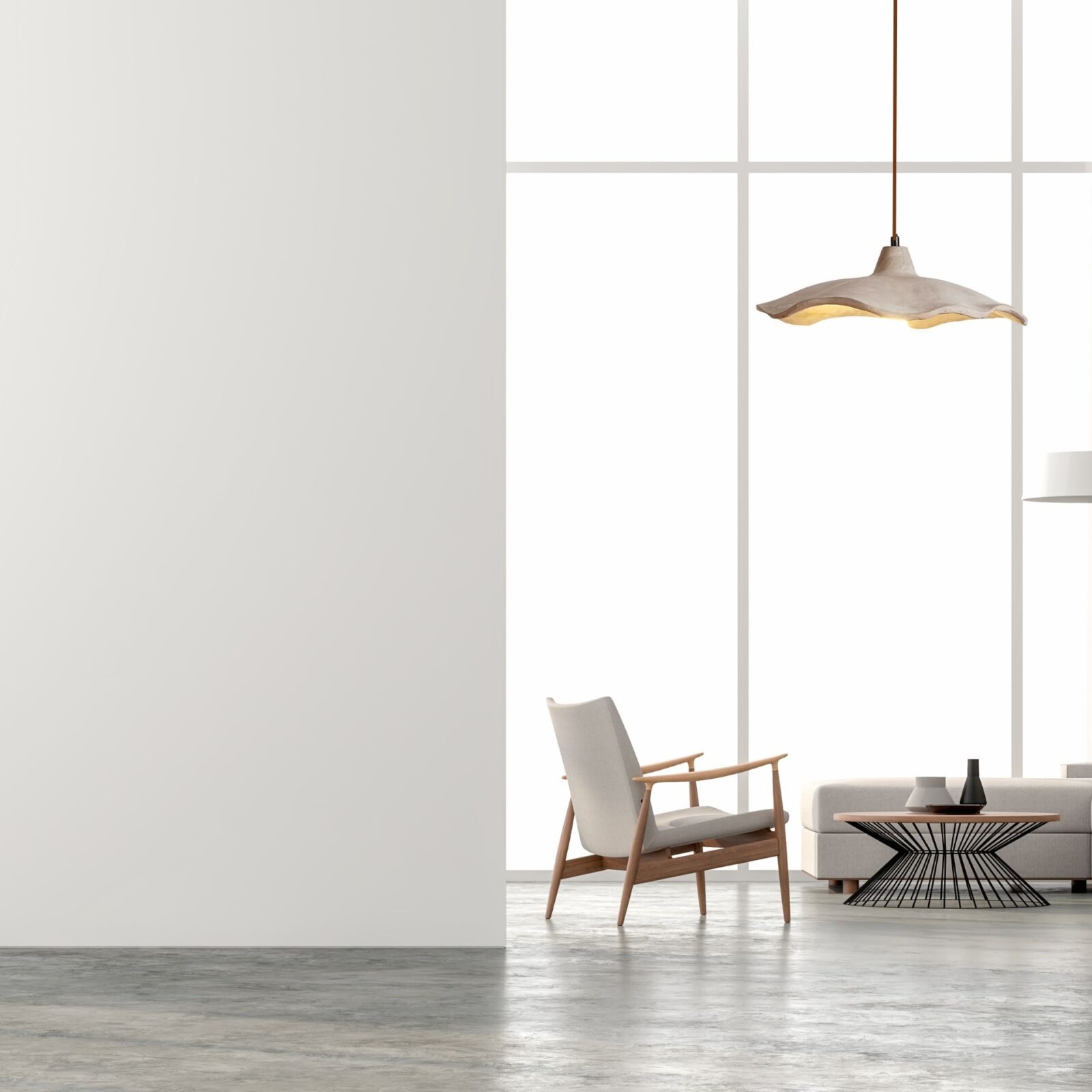 Suspension fleur blanche dans salon moderne claire