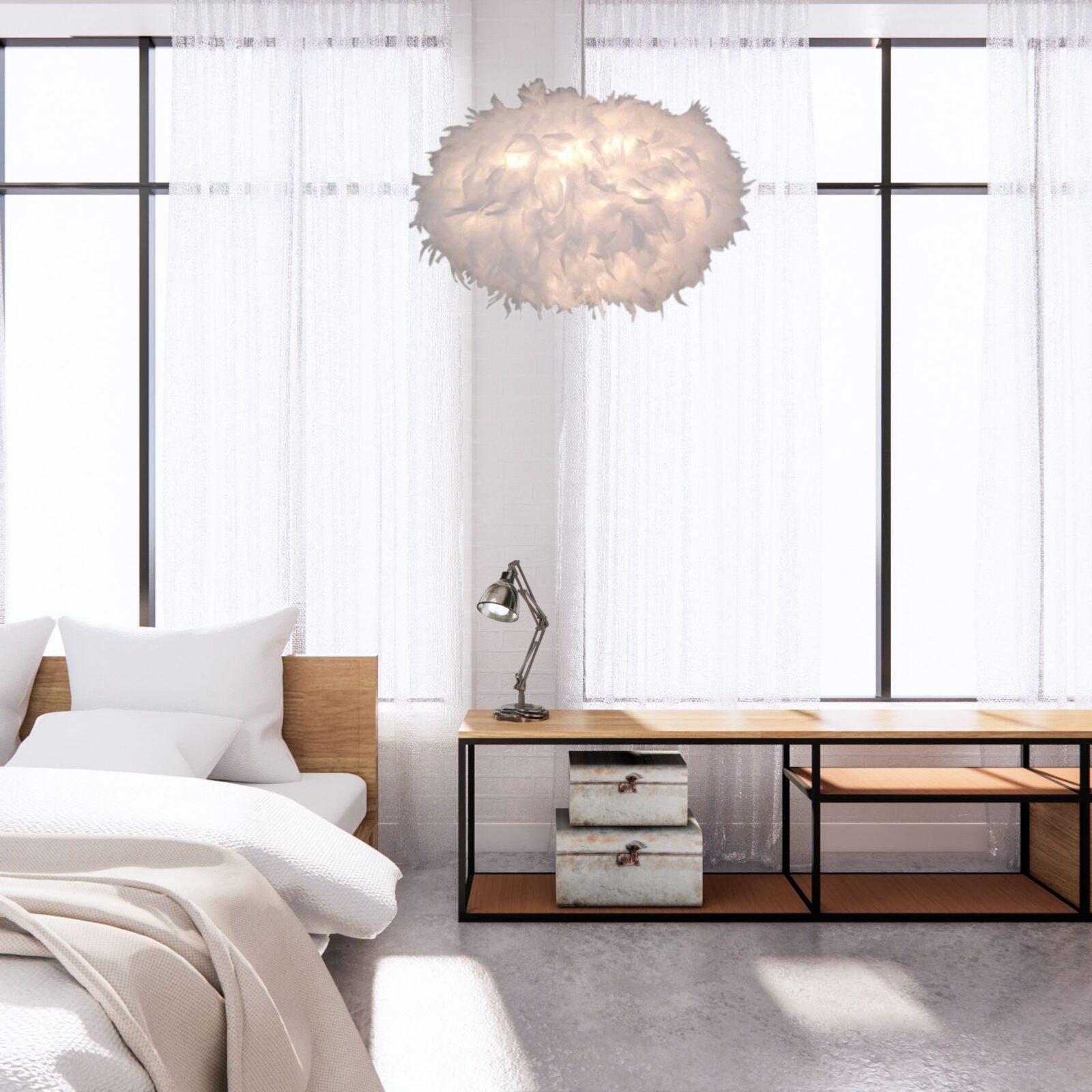 Suspension luminaire plume dans chambre ado claire