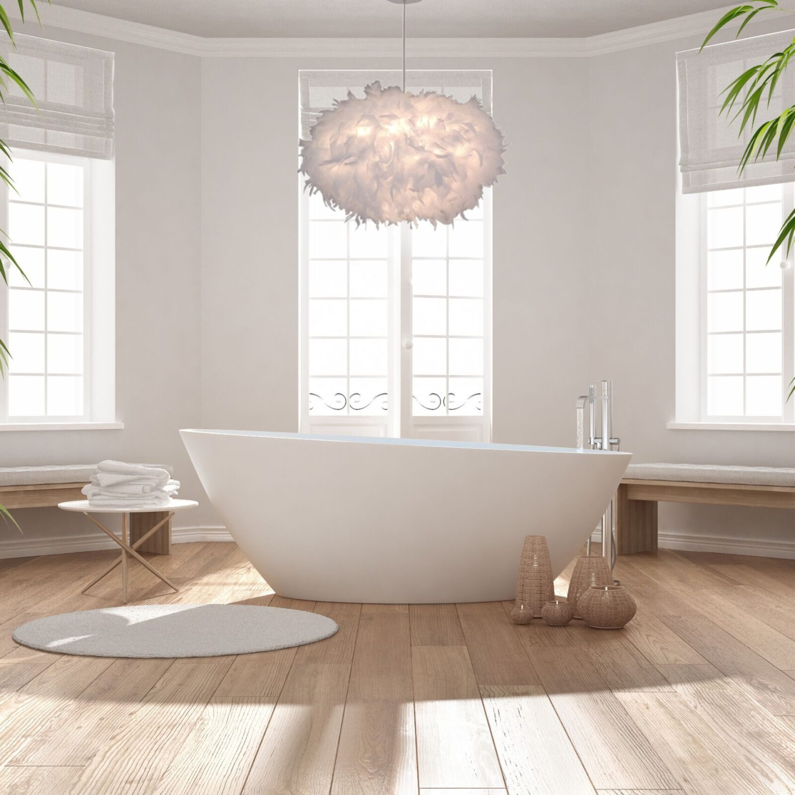 Suspension luminaire plume dans salle de bain moderne
