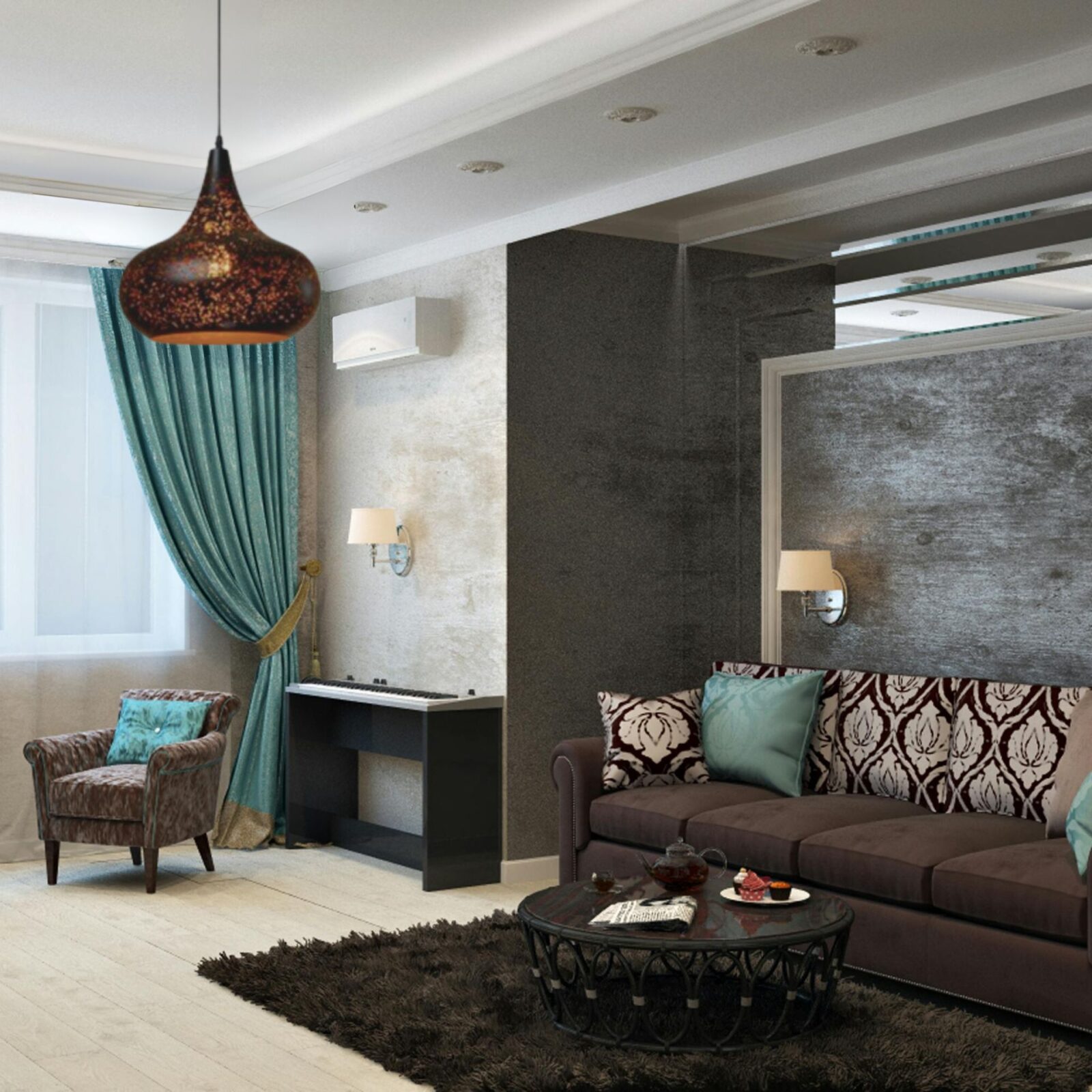 Suspension lustre marocain dans un jolie salon marocain