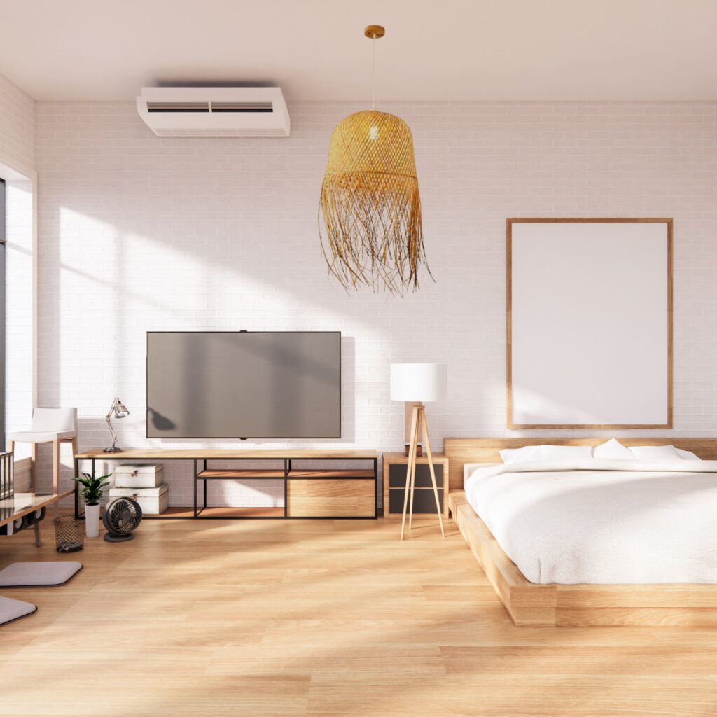 Suspension paille xxl dans chambre adulte couleur bois