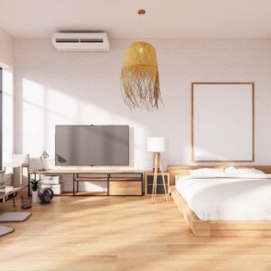 Suspension paille xxl dans chambre adulte couleur bois