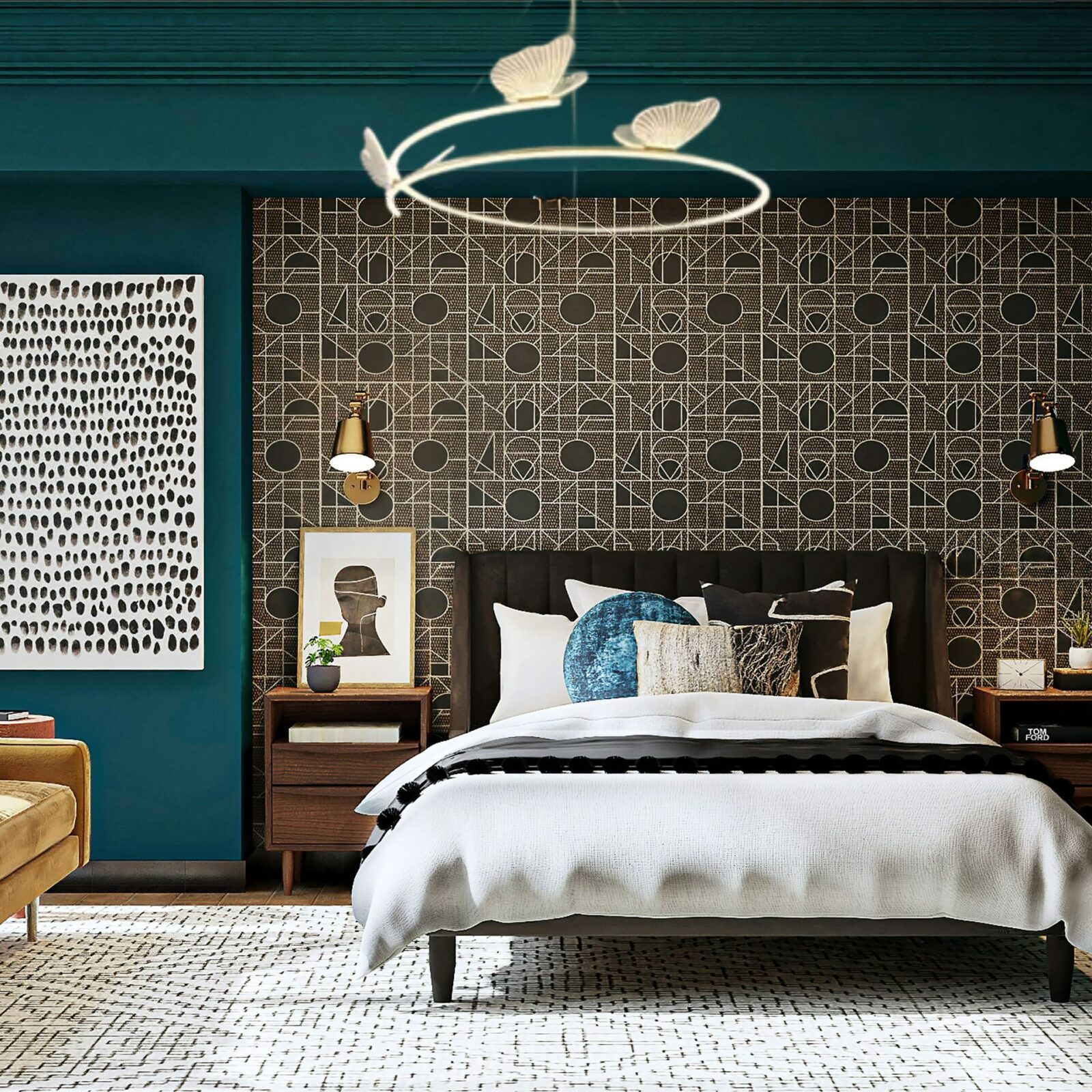Suspension papillon design dans chambre 2 personne bleu turquoise