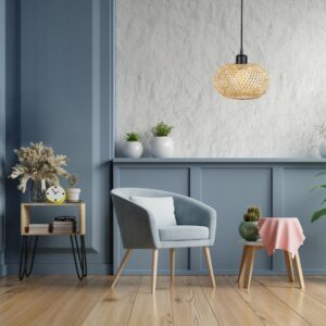 Suspension rotin boule avec fauteuil bleu