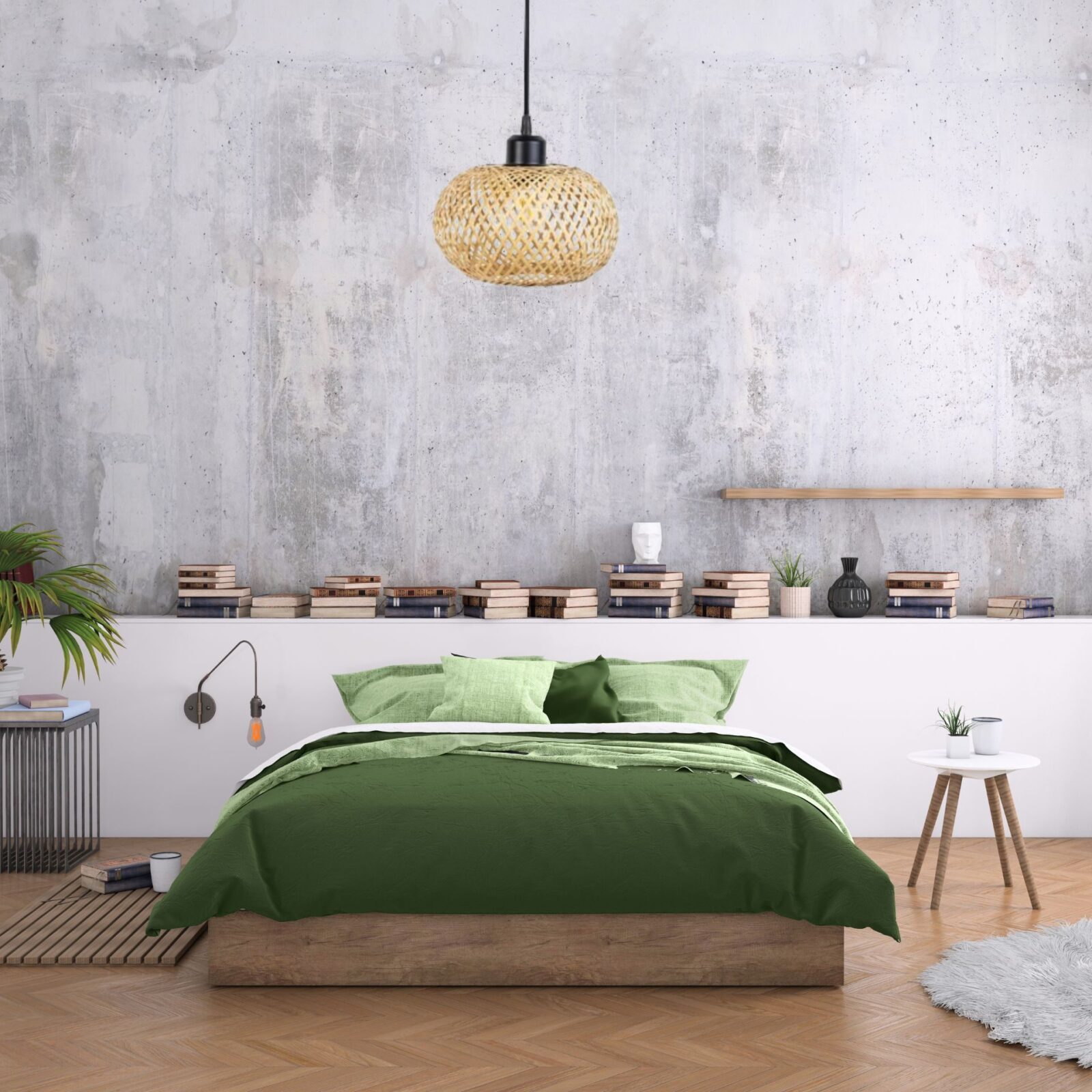 Suspension rotin boule dans chambre 2 personnes avec lit vert
