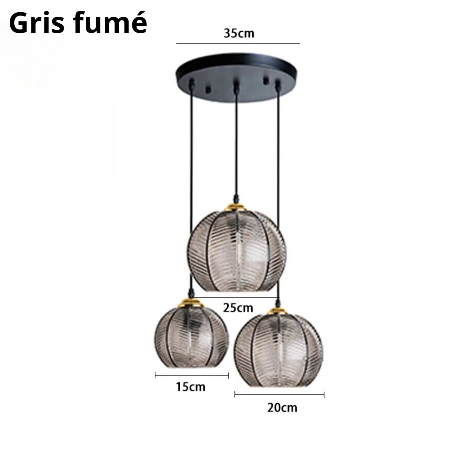 Suspension triple boule verre V gris fumeÌ