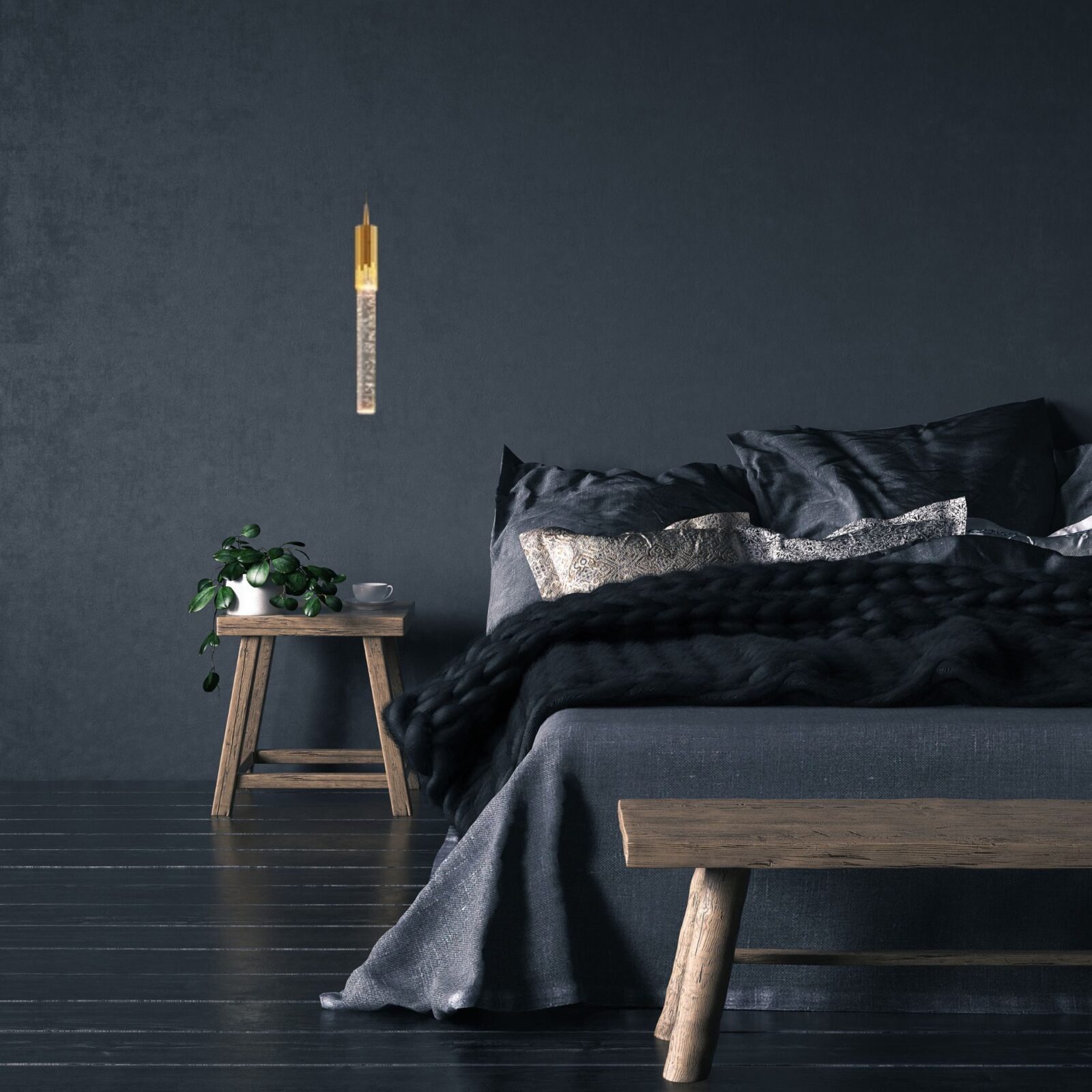 Suspension tube cristal dans une chambre sombre