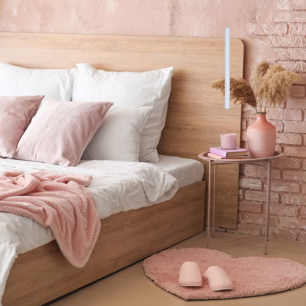 Suspension tube horizontale dans chambre rose