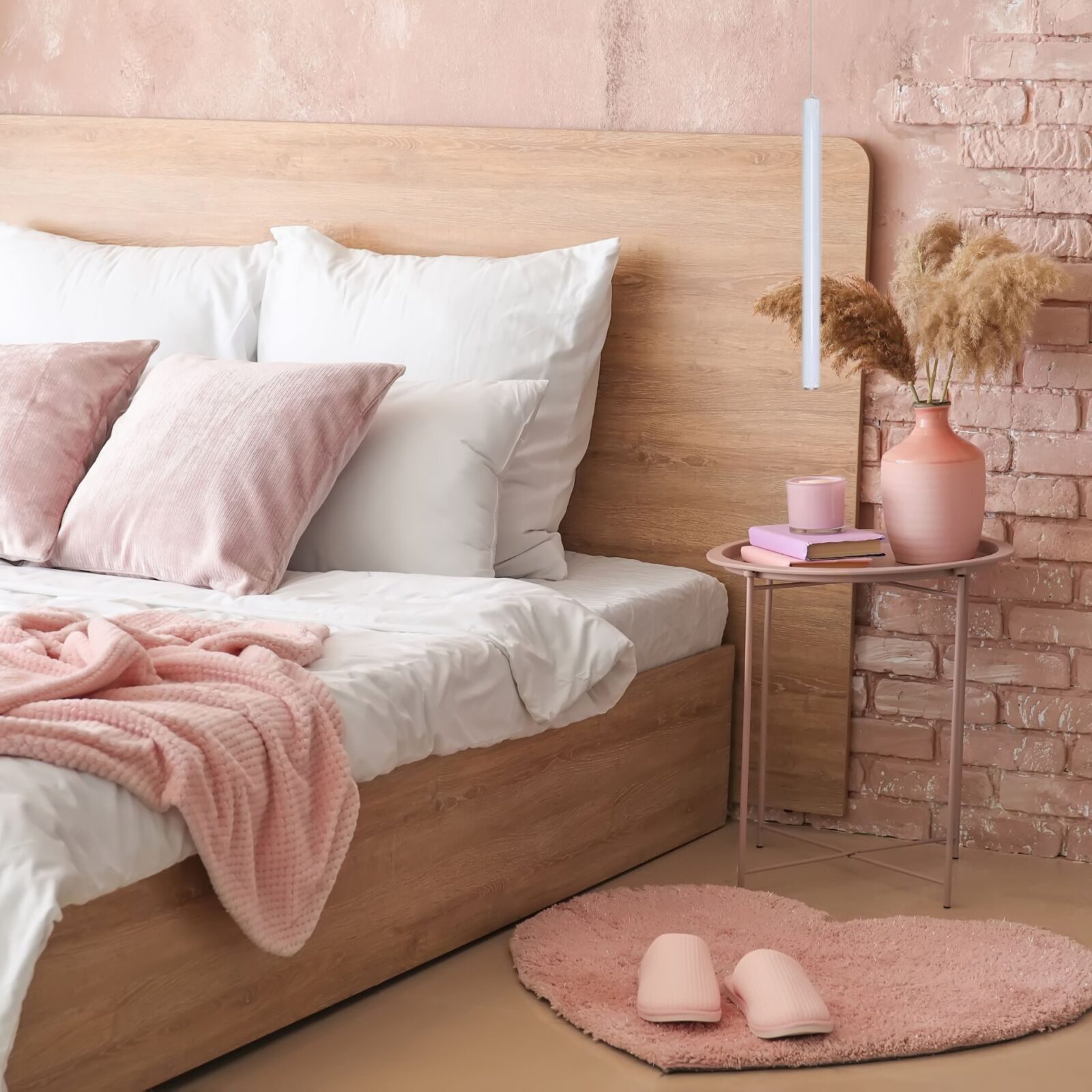 Suspension tube horizontale dans chambre rose