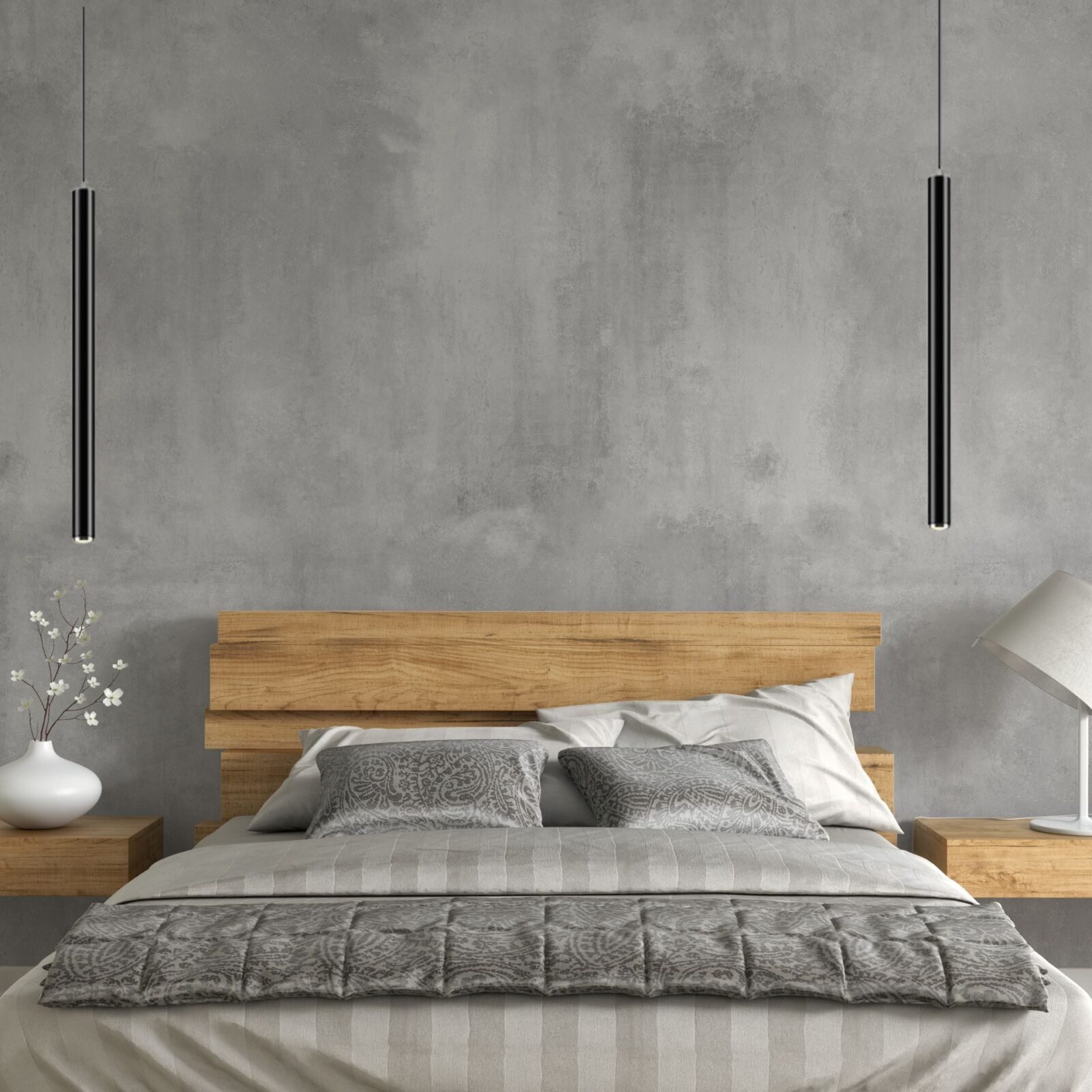 Suspension tube horizontale dans chambre adulte gris