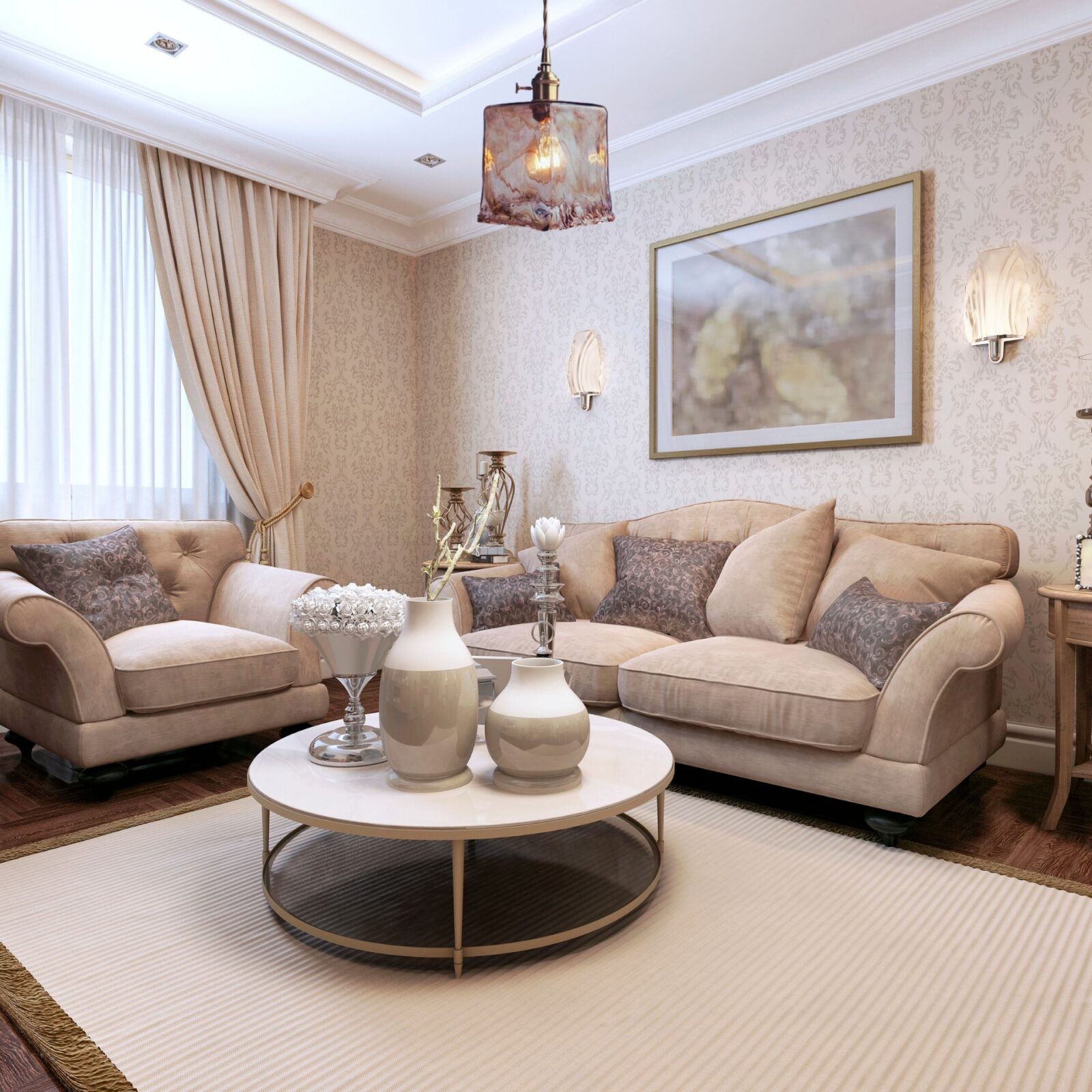 Suspension verre transparent dans salon confortable