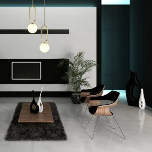 suspension boule blanche et dorée dans salon design
