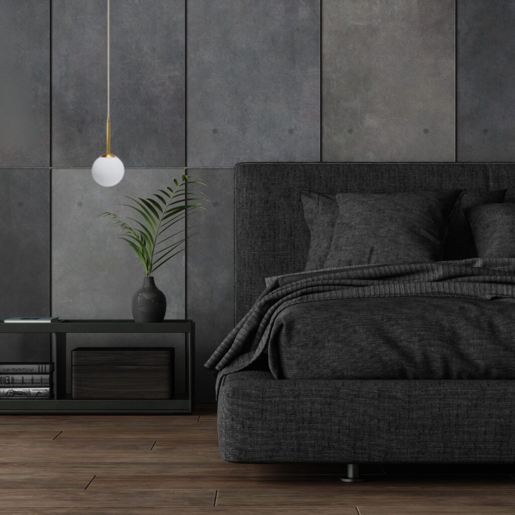 suspension boule cuivre dans chambre adulte gris