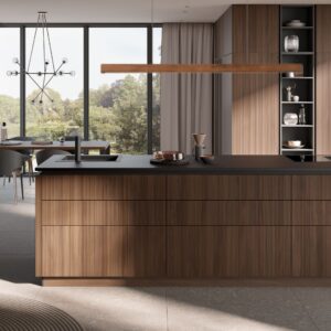 Barre de suspension bois dans cuiisine ilot bois er noir