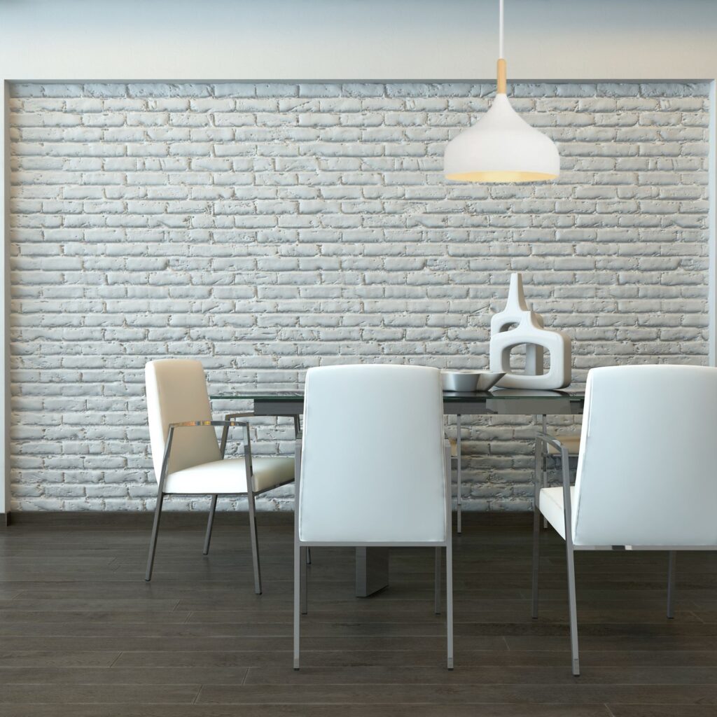 Suspension bois et métal dans salle à manger blanche