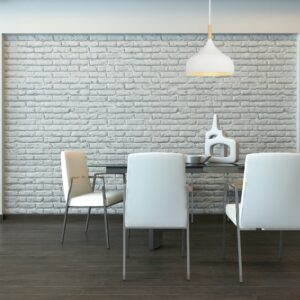 Suspension bois et métal dans salle à manger blanche